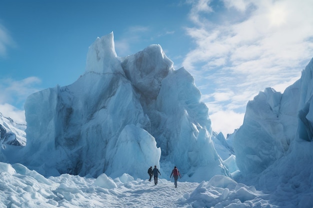 Photographie de personnes explorant des glaciers imposants