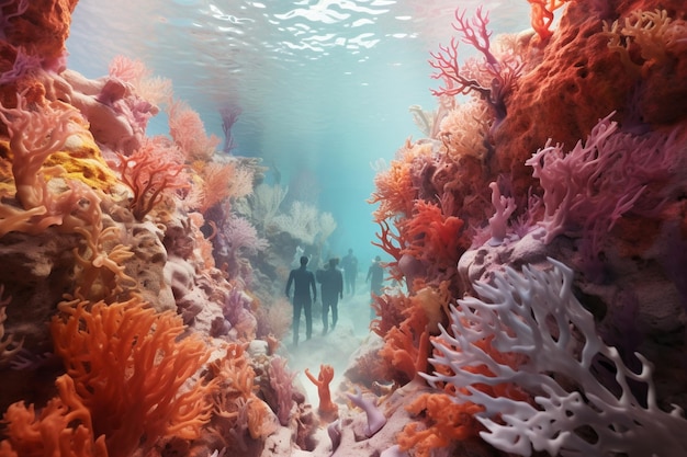 Photographie de personnes plongeant dans des récifs coralliens colorés et préservés