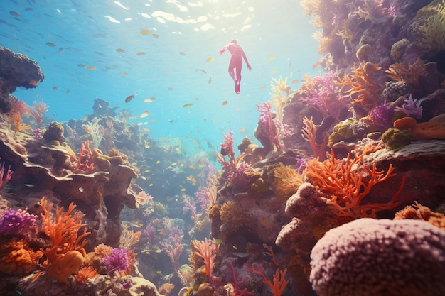 Photographie de personnes plongeant dans des récifs coralliens colorés et préservés