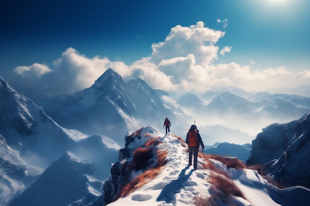 Photographie de personnes en randonnée dans les montagnes avec de la neige fraîche