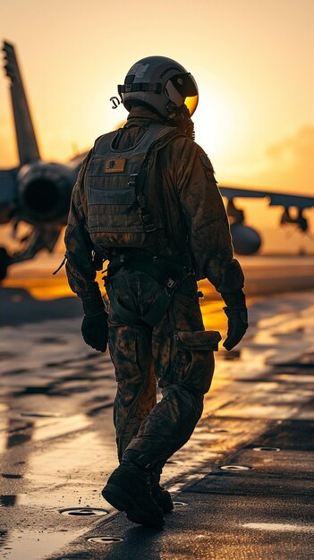 Photographie d'un pilote de chasseur F18 quittant son avion au coucher du soleil