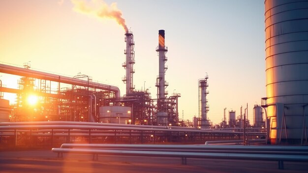 Photographie de pipelines à haute tour à l'extérieur d'une grande usine chimique au coucher du soleil