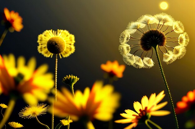 Photographie de pissenlit en regardant le lever et le coucher du soleil à travers les fleurs de pissenlit si belles