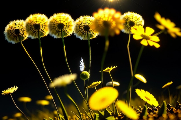 Photographie de pissenlit en regardant le lever et le coucher du soleil à travers les fleurs de pissenlit si belles