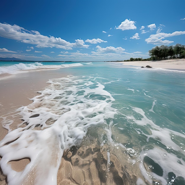 une photographie d'une plage avec l'océan en arrière-plan