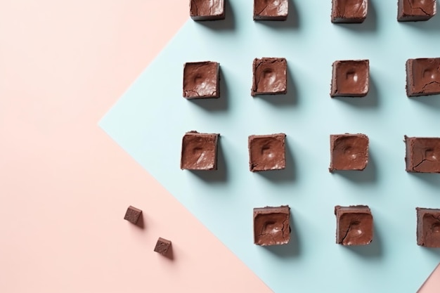 Une photographie à plat de gâteau de brownies avec la couleur de ciel bleu