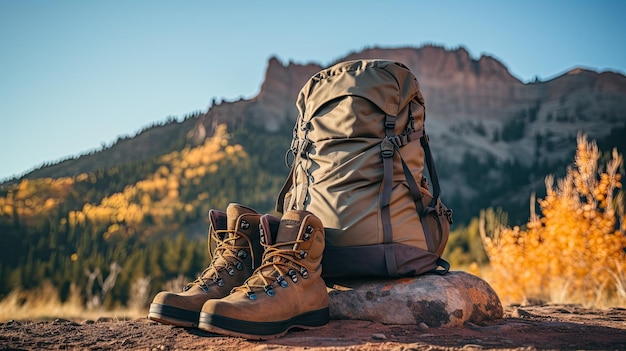 Photographie en plein air d'un sac à dos et de bottes de randonnée à la base d'un sentier de montagne