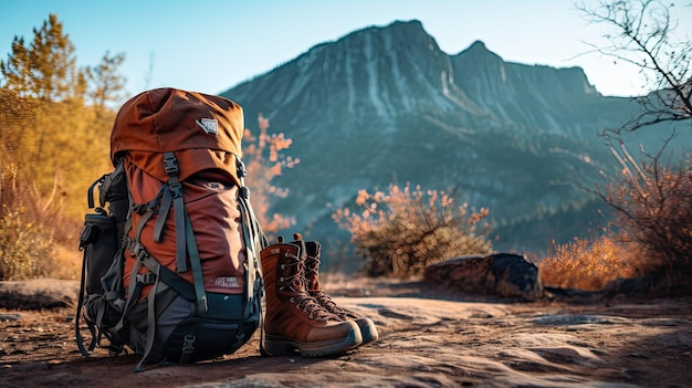 Photographie en plein air d'un sac à dos et de bottes de randonnée à la base d'un sentier de montagne