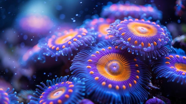 Photographie de polypes de coraux mous montrant des couleurs contrastées prise au niveau macro