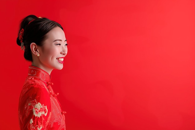 Photographie de portrait Une femme chinoise asiatique souriante dans une robe traditionnelle cheongsam qipao sur fond rouge Concept du festival du Nouvel An chinois