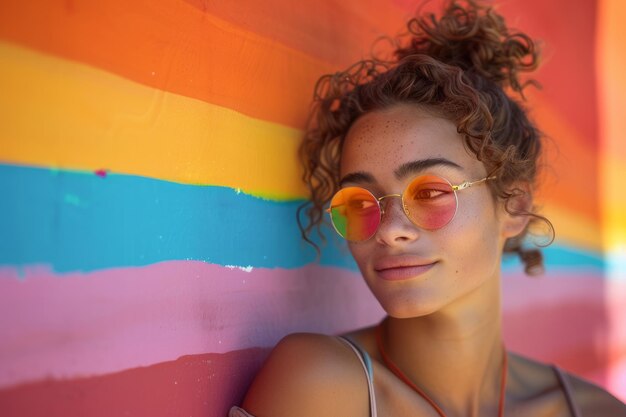 Photo photographie de portrait de femme lgbtq capturée dans un environnement de studio artistique avec des arrière-plans audacieux et colorés soulignant la diversité et l'authenticité de chaque personne