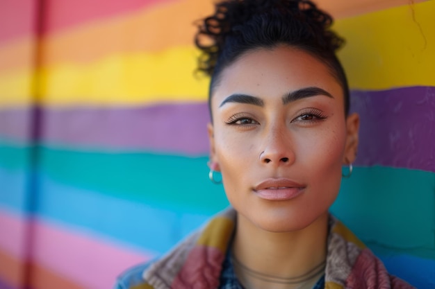 Photo photographie de portrait de femme lgbtq capturée dans un environnement de studio artistique avec des arrière-plans audacieux et colorés soulignant la diversité et l'authenticité de chaque personne