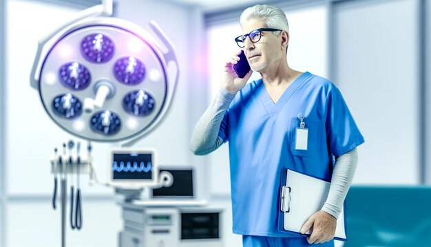 Une photographie de portrait d'un médecin de sexe masculin confiant en peignoir bleu debout dans une urgence à l'hôpital