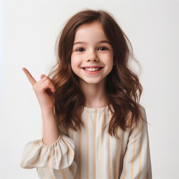 photographie de portrait d'une petite fille heureuse pointant vers le haut sur un fond blanc ai générative