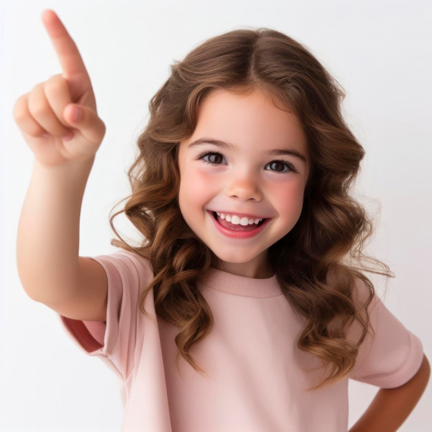 photographie de portrait d'une petite fille heureuse pointant vers le haut sur un fond blanc ai générative