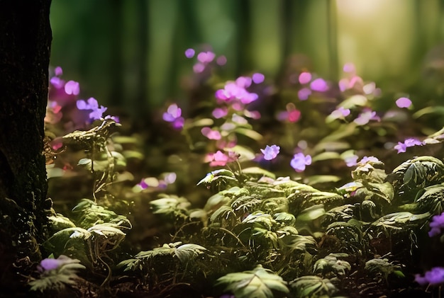 Photographie de près Forêt magique avec des plantes lumineuses et vibrantes