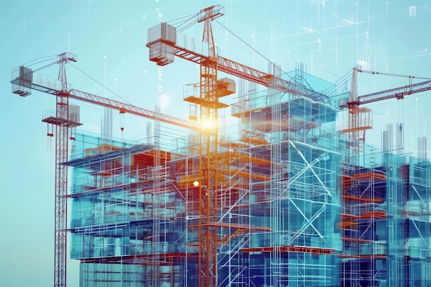 Une photographie présentant un bâtiment avec un vaste éventail d'équipements de construction occupant son toit Le processus de construction du bâtiment représenté par une visualisation de données innovante générée par l'IA