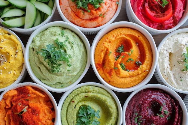 Cette photographie présente une collection de bols remplis d'une variété d'aliments distincts et appétissants une gamme colorée de houmous et de trempettes dans des pots recyclables avec des bâtons de légumes générés par l'IA