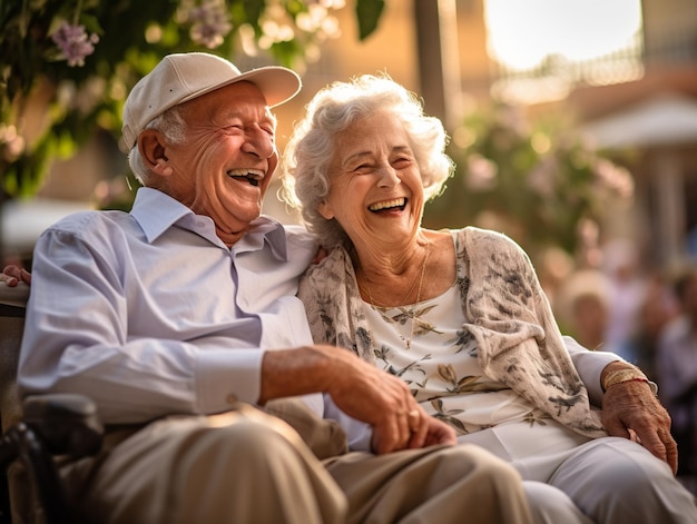 Cette photographie présente un couple de personnes âgées heureux et aisé profitant de leur âge d'or.