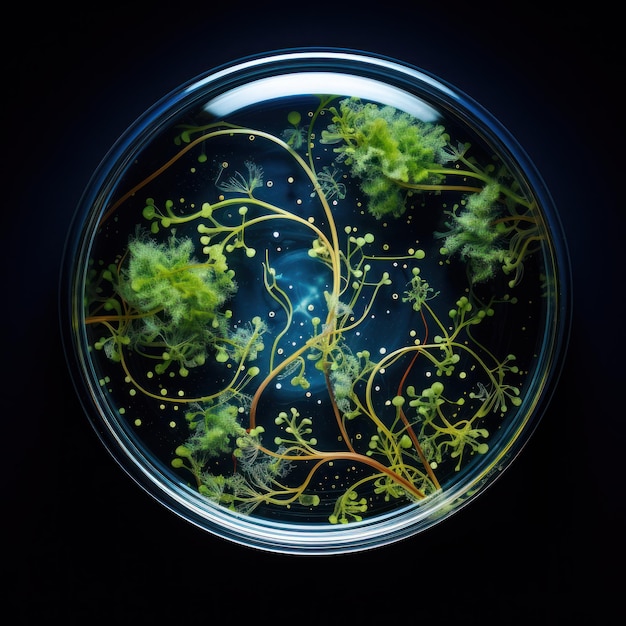 Photographie prise en gros plan d'une plaque de Pétri avec des bactéries et des cultures sur un fond sombre