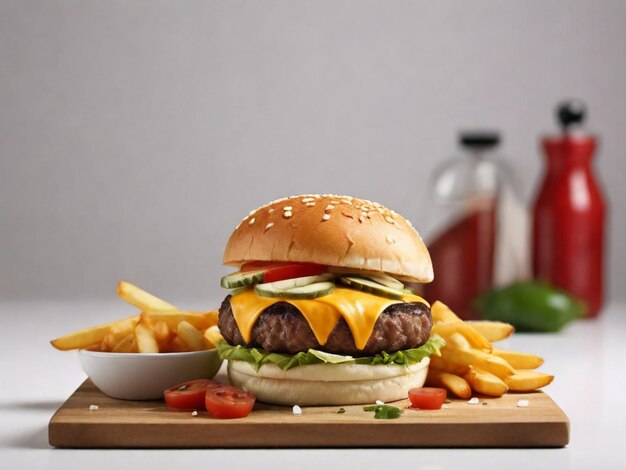 Photographie de produit de cheeseburger avec frites et sauce