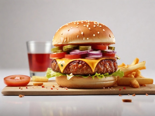 Photographie de produit de cheeseburger avec frites et sauce