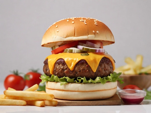 Photographie de produit de cheeseburger avec frites et sauce