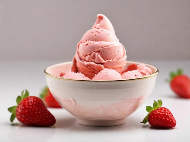 Photographie de produit de crème glacée aux fraises dans un bol avec un fond blanc.