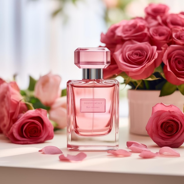 Photo photographie de produit d'un flacon de parfum rose avec rose rouge