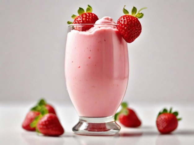 Photographie de produit de milkshake à la fraise sur un fond blanc en verre