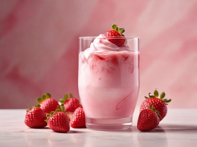 photographie de produit de milkshake à la fraise avec table en marbre et fond rose