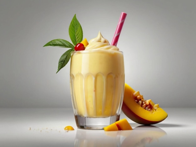 photographie de produit de milkshake à la mangue dans un verre sur fond blanc