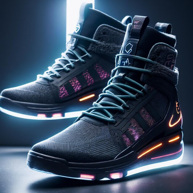 photographie de produit d'une sneaker cybepunk rendu épique particules d'atmosphère d'octane