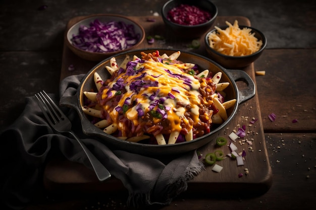 Photographie de produits alimentaires Chili Cheese and Red Onion Loaded Fries Generative AI