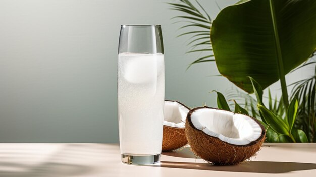 Photographie de produits d'eau de coco avec l'esthétique de la nature