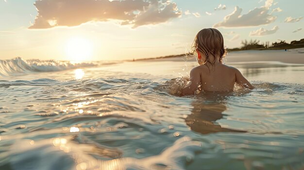 Une photographie professionnelle d'un enfant qui regarde le coucher de soleil de l'océan