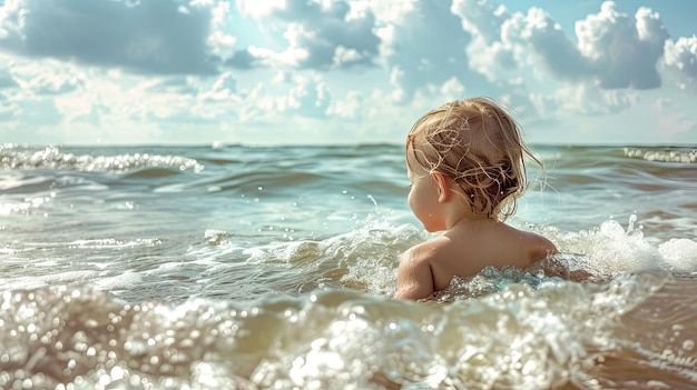 Photo une photographie professionnelle d'un enfant qui regarde le coucher de soleil de l'océan