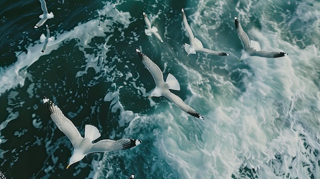 Photographie professionnelle Des mouettes majestueuses s'élevant au-dessus de l'océan Vue aérienne à couper le souffle