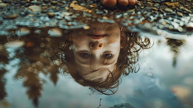 Photographie professionnelle Le reflet enchanteur d'un enfant sur une flaque d'eau
