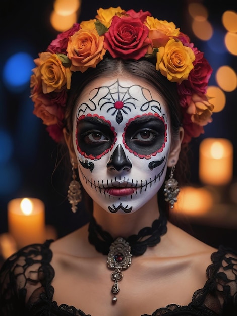 Photographie de la promotion du jour des morts avec du maquillage de crâne de sucre