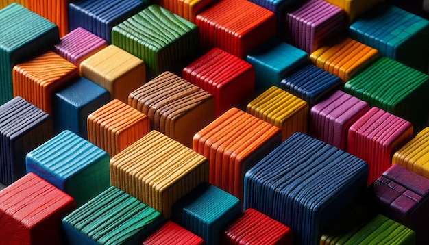 Une photographie rapprochée de blocs de bois colorés