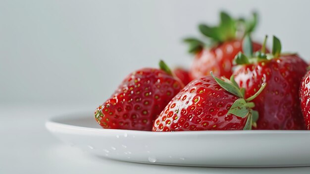 Une photographie rapprochée de fraises fraîches sur fond blanc