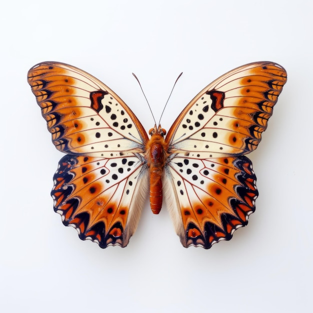 Une photographie rapprochée d'un papillon épinglé sur un fond blanc