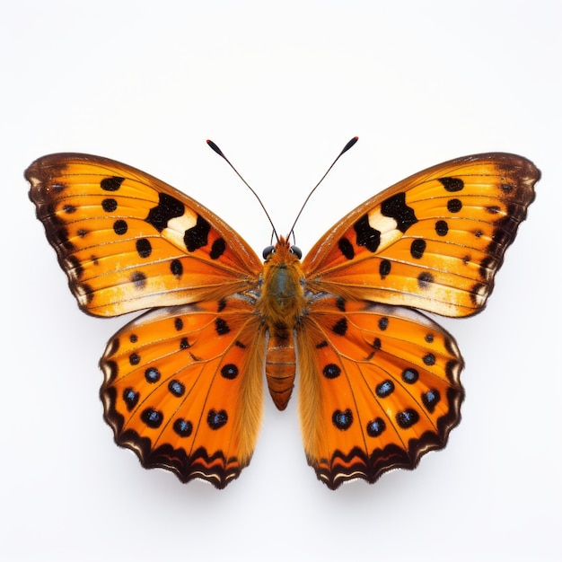 Une photographie rapprochée d'un papillon orange sur fond blanc