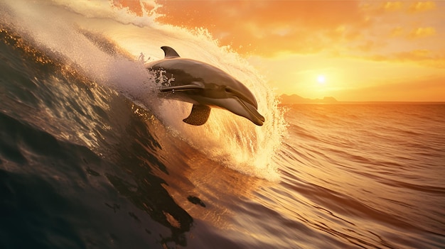 Photo photographie réaliste de dauphin surfant sur une vague au coucher du soleil