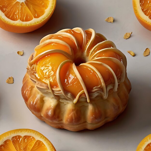 une photographie réaliste en haut détail d'une pâtisserie d'orange générée par l'IA