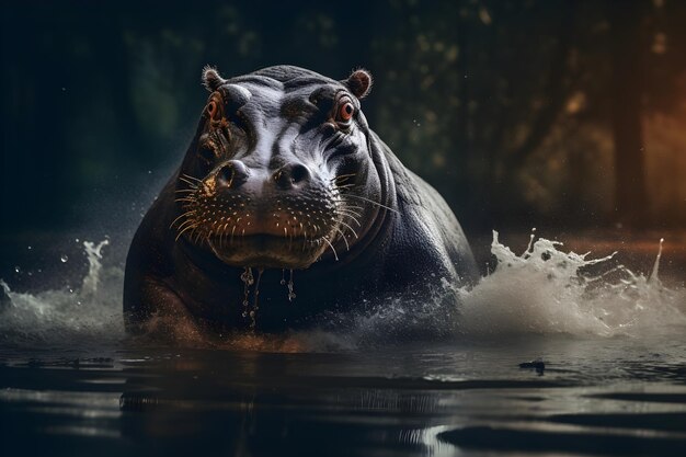 photographie réaliste de l'hippopotame en plein corps à la saison estivale