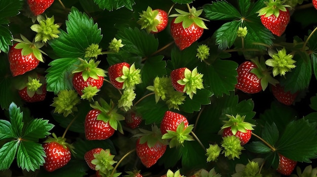 Une photographie réaliste et nette de nombreuses feuilles de fraise