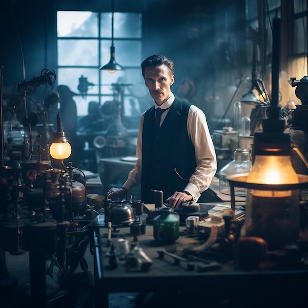 Photographie réaliste de Nikola Tesla dans son laboratoire