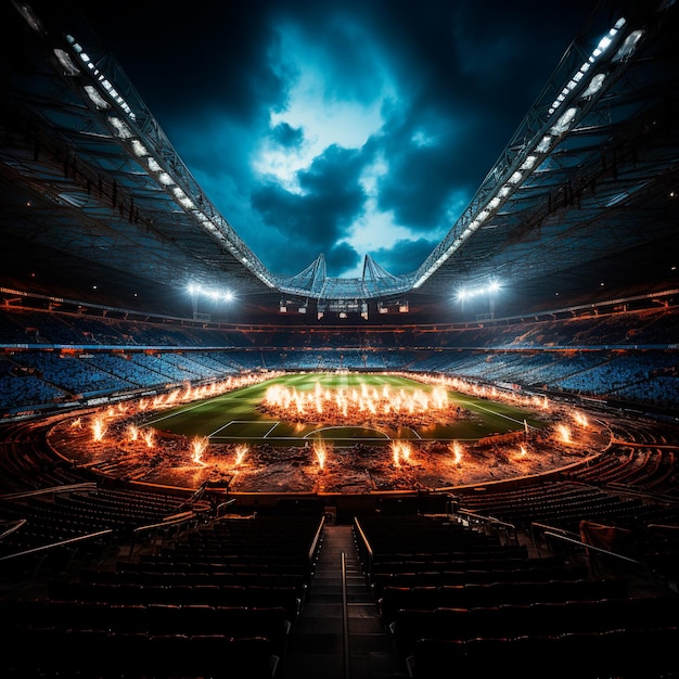 photographie réaliste d'un stade de football moderne illuminé